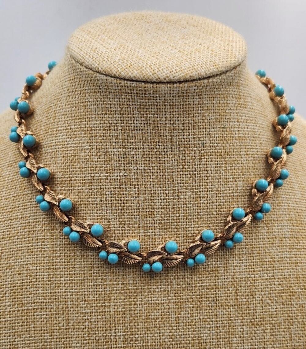 Vintage Blue Gold Leaf Mid-Century Statement Necklace